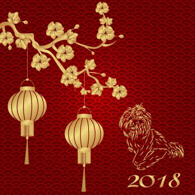 Çin yeni yılı. 2018 yıl köpek. Kiraz dal stilize bronz Çince fenerler. Siluet oturmuş bir köpek. illüstrasyon