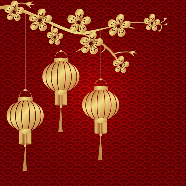 Nouvel An chinois. Stylisé sous bronze de lanternes chinoises sur une brindille de cerise. Ronde. illustration — Image vectorielle