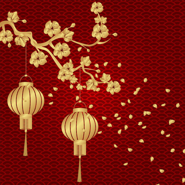 Chinese New Year. Stylized under the bronze of Chinese lanterns on a cherry branch with flying petals. Round. illustration