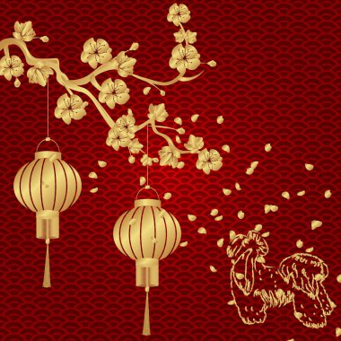 Çin yeni yılı. 2018 yıl köpek. Kiraz dal stilize bronz Çince fenerler. Siluet bir köpek. illüstrasyon