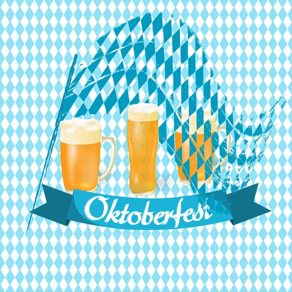 Bandeiras Oktoberfest na cor bávara. Bandeira, cerveja leve em copos diferentes. fundo Oktoberfest. Ilustração — Vetor de Stock