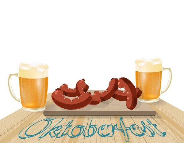 Oktoberfest-Banner in bayerischer Farbe. Helles und dunkles Bier, Würstchen auf einem Holztisch. Oktoberfest der Bayern. Illustration — Stockvektor