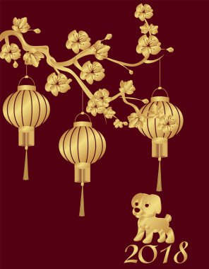 Çin yeni yılı. 2018 köpek yılı yılıdır. Üç Çince fenerler kiraz dal ve bir köpek yavrusu bronz altında stilize edilmiş. illüstrasyon