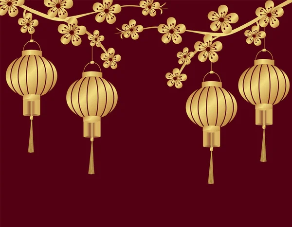 Año Nuevo Chino. Estilizado bajo las linternas chinas de bronce en una rama de cerezo. Desde dos lados. Ronda. ilustración — Vector de stock