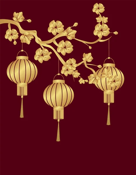 Ano Novo Chinês. Três lanternas chinesas foram estilizadas sob bronze em um ramo de cereja. Redondo. Ilustração — Vetor de Stock