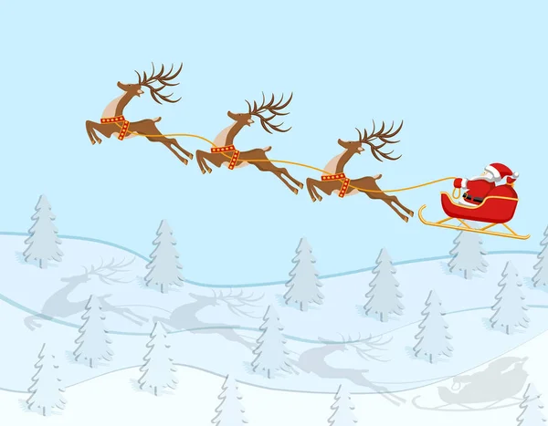 Año Nuevo Navidad. Figura de Santa Claus cabalgando sobre un ciervo sobre un bosque de abetos. En color con sombras. ilustración — Vector de stock
