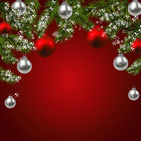 Weihnachten, Neujahr. grüne Tannenzweige mit rot facettierten und silbernen Kugeln. Weihnachtskarte. auf rotem Hintergrund. Illustration — Stockvektor