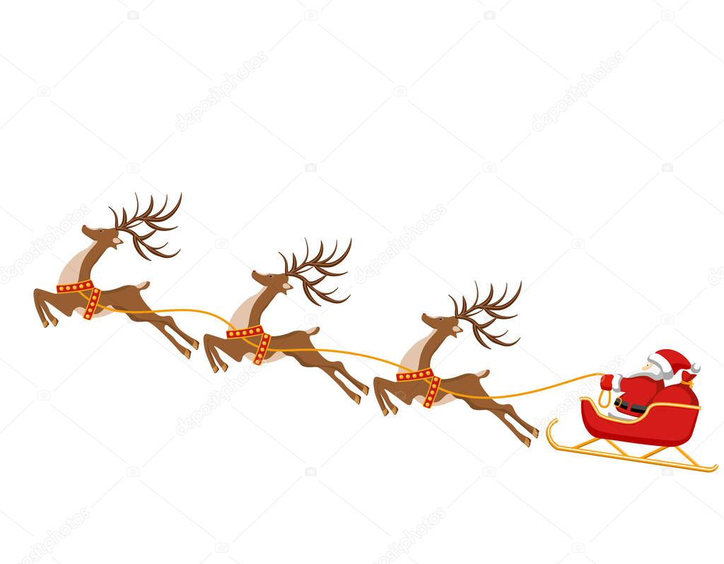 New Year, Christmas. Drawing of deer and sleigh of Santa Claus. In color. illustration