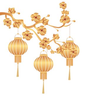 Çin yeni yılı. Stilize altın kiraz dal Çince fenerler için. illüstrasyon
