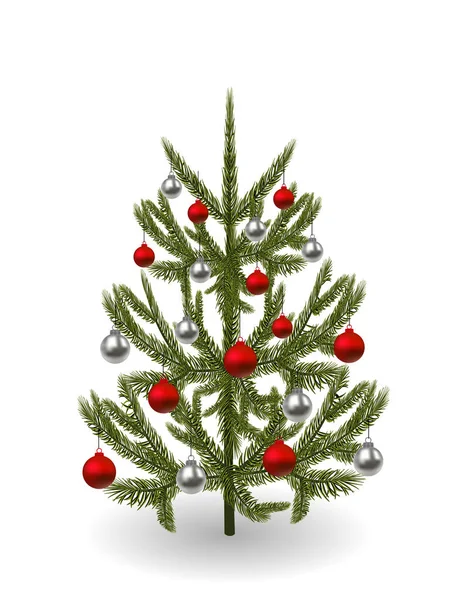 Az új év, karácsony jelképe. Egy kép, egy gyönyörű zöld fenyő díszítik, piros, ezüst golyó. illusztráció — Stock Vector
