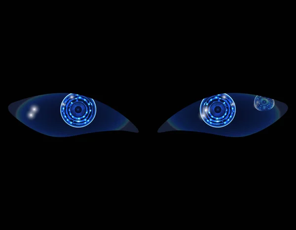 Два блестящих неоновых глаза HUD технологии на черном фоне. иллюстрация — стоковый вектор
