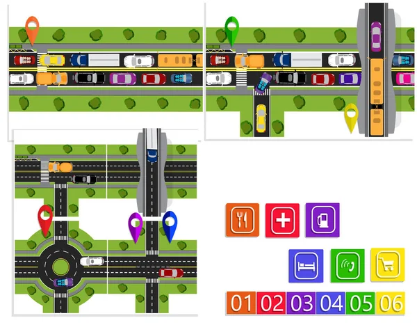 Road Infographic. Un conjunto de cruces de caminos abstractos. Movimiento circular y puentes. Movimiento difícil. Diseño de materiales. ilustración — Vector de stock