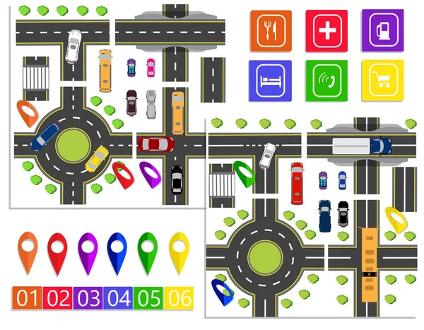 Road Infographic. Un conjunto de cruces de caminos abstractos. Movimiento circular y puentes. Movimiento difícil. Diseño de materiales. ilustración — Vector de stock