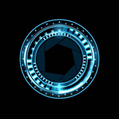 Parlak teknolojik göz Hud siyah bir arka plan. Diyafram açıklığında lens. illüstrasyon