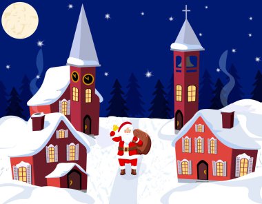 Yeni yıl Noel. Noel Baba'nın bir resim. Kış city yeni yıl s Eve. illüstrasyon