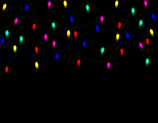 Jul, jul mångfärgade lampor isolerade realistiska designelement. Glödande lampor för gratulationskort. Kransar på en svart bakgrund. illustration — Stock vektor
