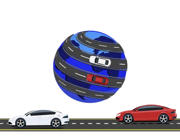 Viaja en coche por todo el mundo. Carretera, máquina de autopista de alta velocidad. ilustración — Vector de stock