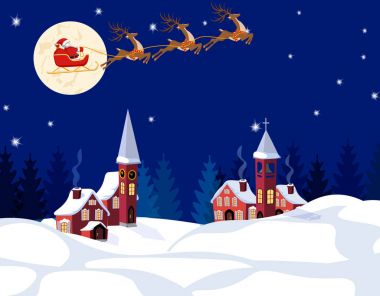 Yeni yıl Noel. Noel Baba ve geyik görüntüsünü. Kış city yeni yıl arifesinde. Kar, ay, yıldız. illüstrasyon