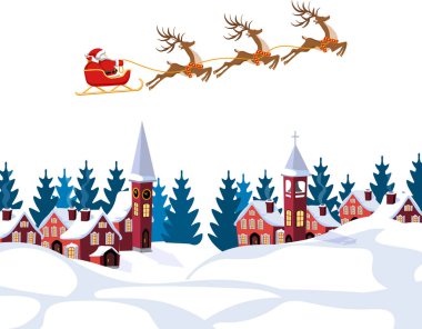 Yeni yıl, Noel. Noel Baba ve geyik görüntüsünü. Yeni yıl kış manzara. Kar, ağaçlar, ev sahipliği yapmaktadır. illüstrasyon