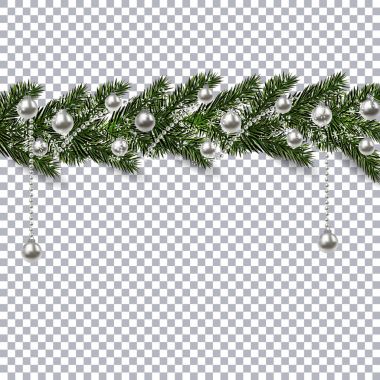 Bir gölge ve kar taneleri ile bir köknar ağacının yeşil dallar üzerinden Noel süs. Gümüş toplar ve arka plan dama üstündeki. illüstrasyon