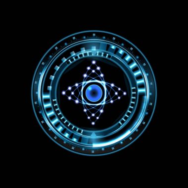 Parlak teknolojik göz objektif bir diyafram ile siyah bir zemin üzerine izole Hud. illüstrasyon