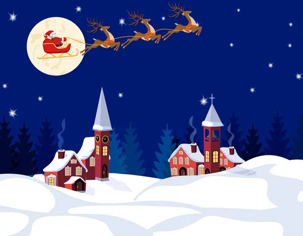 Año Nuevo Navidad. Una imagen de Santa Claus y ciervos. Ciudad de invierno en la víspera del Año Nuevo. Nieve, luna, estrellas. ilustración — Archivo Imágenes Vectoriales