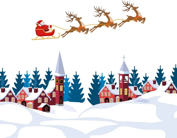 Año Nuevo, Navidad. Una imagen de Santa Claus y ciervos. Paisaje invernal antes del Año Nuevo. Nieve, árboles, casas. ilustración — Archivo Imágenes Vectoriales