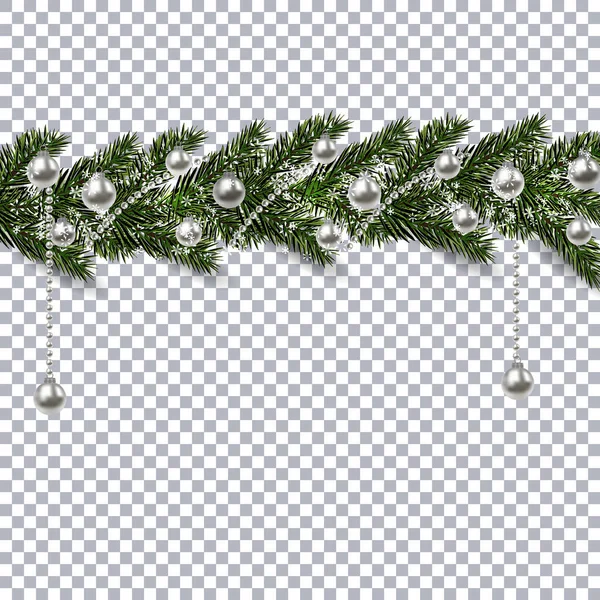 Bir gölge ve kar taneleri ile bir köknar ağacının yeşil dallar üzerinden Noel süs. Gümüş toplar ve arka plan dama üstündeki. illüstrasyon