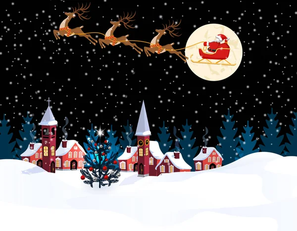Yeni yıl Noel. Noel Baba ve geyikler görüntüsünü. Kış city yeni yıl arifesinde. Kar, moon, süslü Noel ağacı. illüstrasyon