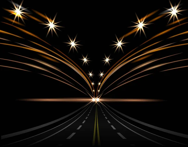 Effets de lumière abstraits. Feux de voiture. Route vers la perspective, la rue, l'autoroute, l'autoroute. Lanternes des deux côtés. illustration — Image vectorielle