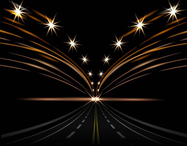Абстрактные свечения. Автомобильные фары Дорога к перспективе, улица, шоссе, скоростная дорога. Фонари с обеих сторон. иллюстрация
