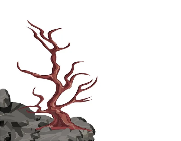 Táj. A hajlított fa nélkül levelek, egy sziklán, a kövek között. Tölgy, cseresznye, sakura. illusztráció — Stock Vector