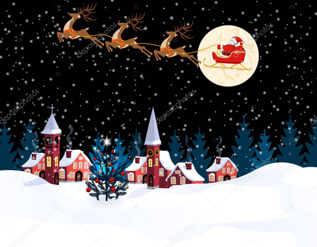New Year Christmas. An image of Santa Claus and deers. Winter city on the eve of the New Year. Snow, moon, decorated Christmas tree. illustration