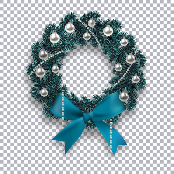 A blue branch of spruce in the form of a Christmas wreath with shadow and snowflakes. Blue bow, silver balls and beads on the background checkered. illustration — Stock Vector