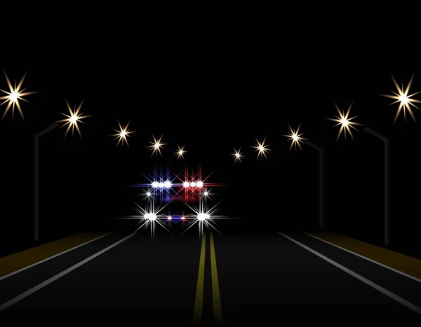 Abstracte lichteffecten. Politieauto 's nachts met de lichten aan de voorzijde. Weg, snelweg, lantaarnpalen. illustratie — Stockvector