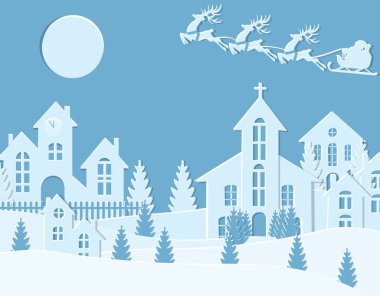 Yeni yıl s Noel. Noel Baba ve geyik görüntüsünü. Kış city yeni yılda. Kar, moon, ağaçlar, evler, kilise. Kağıttan kesilmiş. illüstrasyon