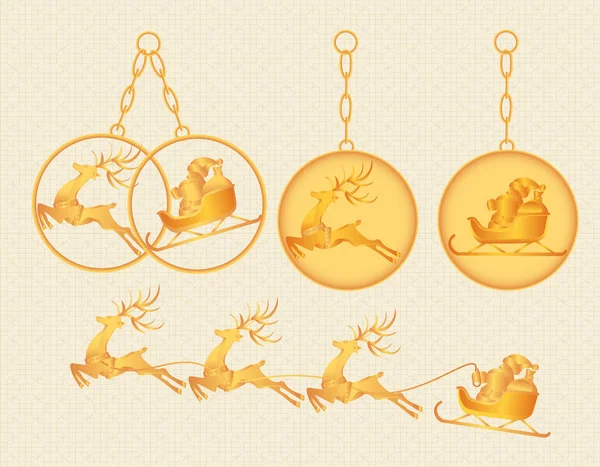 Χριστούγεννα, Πρωτοχρονιά. Χρυσά μπρελόκ, γούρια, μενταγιόν με την εικόνα του Αϊ-Βασίλη και ελάφια. Εικονογράφηση — Διανυσματικό Αρχείο