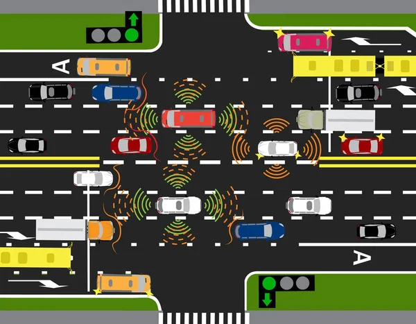 Движение автономных умных автомобилей. Сканирование дорог, взаимодействие. Автоматические остановки и движение по улицам городов. иллюстрация . — стоковый вектор