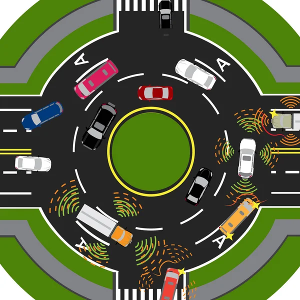 Movimiento de coches inteligentes autónomos. Escaneando carreteras, interacción. Paradas automáticas y tráfico en círculo e intersecciones. ilustración . — Vector de stock