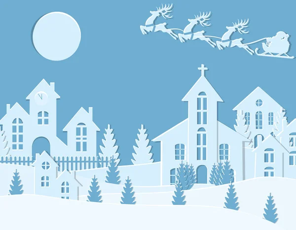 La Navidad de Año Nuevo. Una imagen de Santa Claus y ciervos. La ciudad invernal en Año Nuevo. Nieve, luna, árboles, casas, iglesia. Cortado de papel. ilustración — Vector de stock