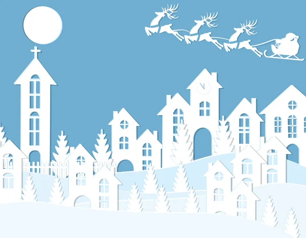 La Navidad de Año Nuevo. Una imagen de Santa Claus y ciervos. Nieve, luna, árboles, casas, iglesia. Cortado de papel blanco. ilustración — Vector de stock