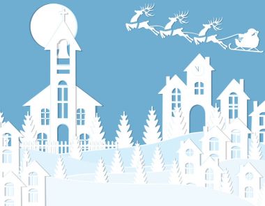 Yeni yıl Noel. Noel Baba ve bir geyikler görüntüsünü. Kar, moon, ağaçlar, evler, kilise. Manzara beyaz kağıt kesti. illüstrasyon