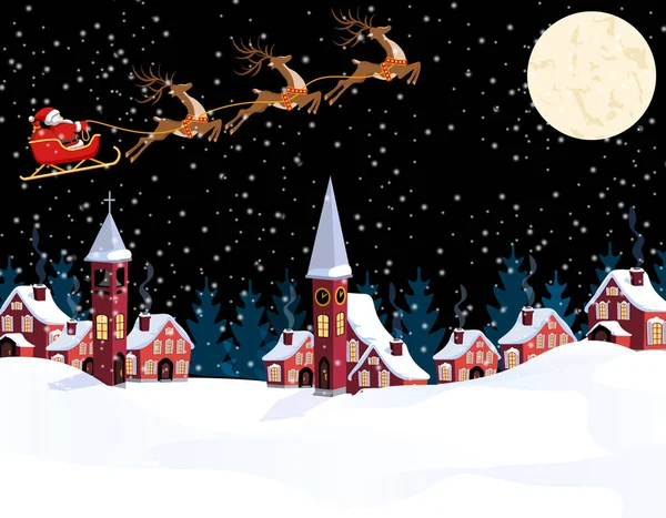 Yeni yıl Noel. Noel Baba ve geyikler görüntüsünü. Kış city yeni yıl arifesinde. Kar, ay, Şapel, Belediye Binası. illüstrasyon