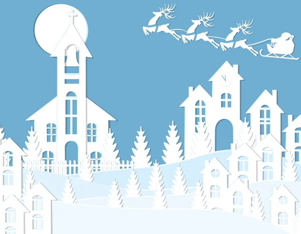 Año Nuevo Navidad. Una imagen de Santa Claus y un ciervo. Nieve, luna, árboles, casas, iglesia. Paisaje cortado de papel blanco. ilustración — Vector de stock