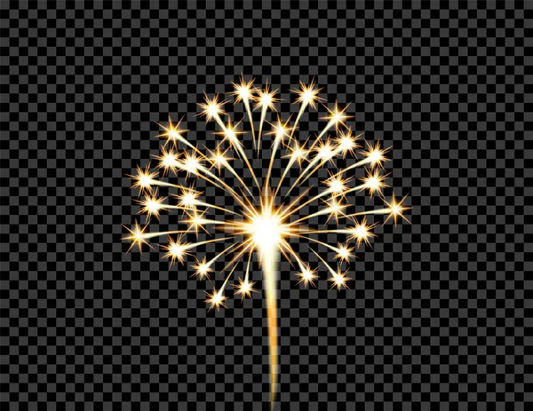 Festlicher goldener Feuerwerksgruß platzt, Blitz auf transparent kariertem Hintergrund. Vereinzelte Illustration — Stockvektor