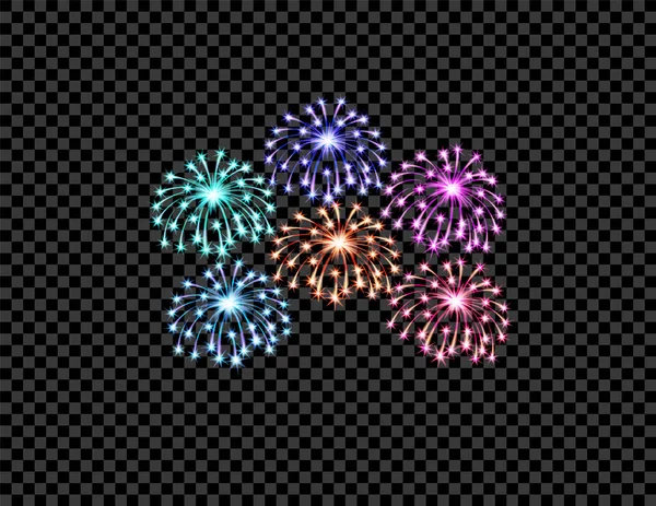 Los fuegos artificiales festivos multicolores saludan, destellos sobre un fondo a cuadros transparente. Ilustración aislada — Archivo Imágenes Vectoriales