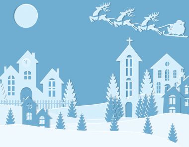 Yeni yıl Noel. Noel Baba ve geyik görüntüsünü. Kış city. Yeni yıl s Eve. Kar, moon, ağaçlar, evler, tapınak. illüstrasyon