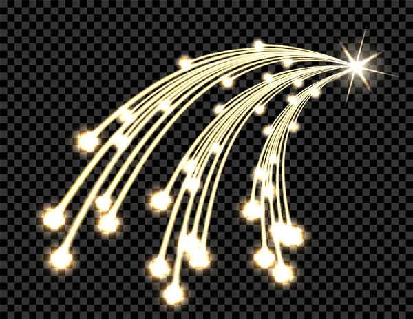 Abstraktes goldenes Wellendesign-Element mit Glanz und Lichteffekt auf dunklem Hintergrund. Komet mit drei Schweifen, ein Stern. transparenter Hintergrund. Illustration — Stockvektor