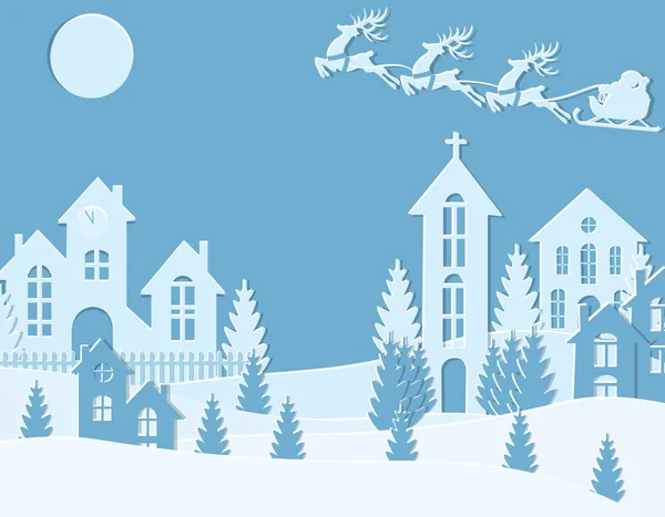 Año Nuevo Navidad. Una imagen de Santa Claus y ciervos. Ciudad de invierno. en Nochevieja. Nieve, luna, árboles, casas, templo. ilustración — Vector de stock