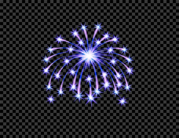 Festlicher lila Feuerwerksgruß geplatzt, Blitz auf transparent kariertem Hintergrund. Vereinzelte Illustration — Stockvektor